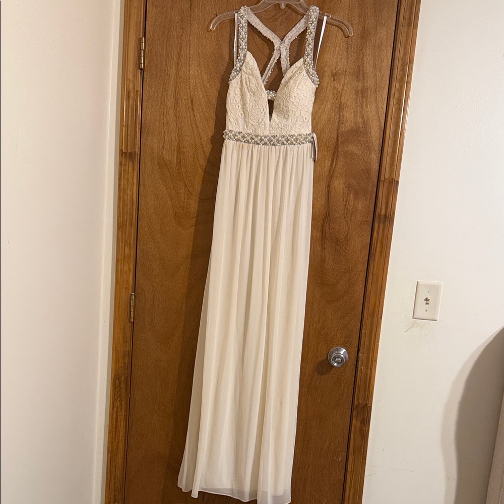 Jodi Kristopher White Backless Dress with Silver Accents